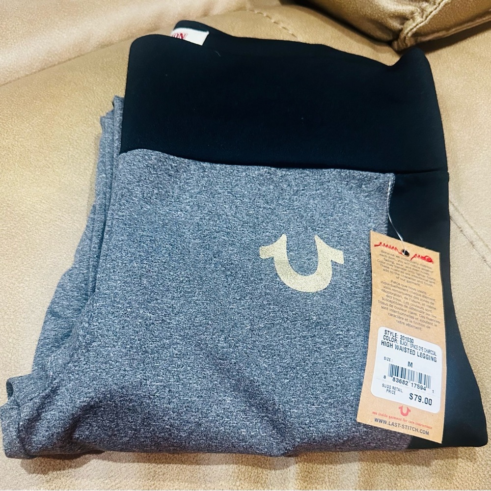 True Religion Black and Gray Leggings with Gold Logo
